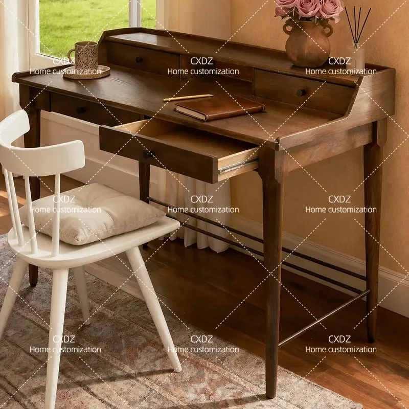 Nordic Solid Wood Desk Simple Writing Table Walnut Color Study Computer Desk for Small Apartment Bedroom Dressing Table