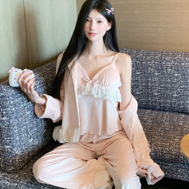 

Женская пижама Island Velvet, осень/зима, милый стиль, кружевные длинные брюки с длинными рукавами, легкий роскошный комплект из трех предметов для домашнего интерьера