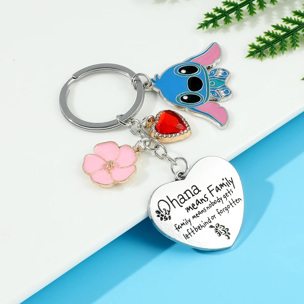 Cute Cartoon Disney Stitch Keychain Ohana Means Family Stitch Stainless Steel Pendant Key Chain Christmas Gift