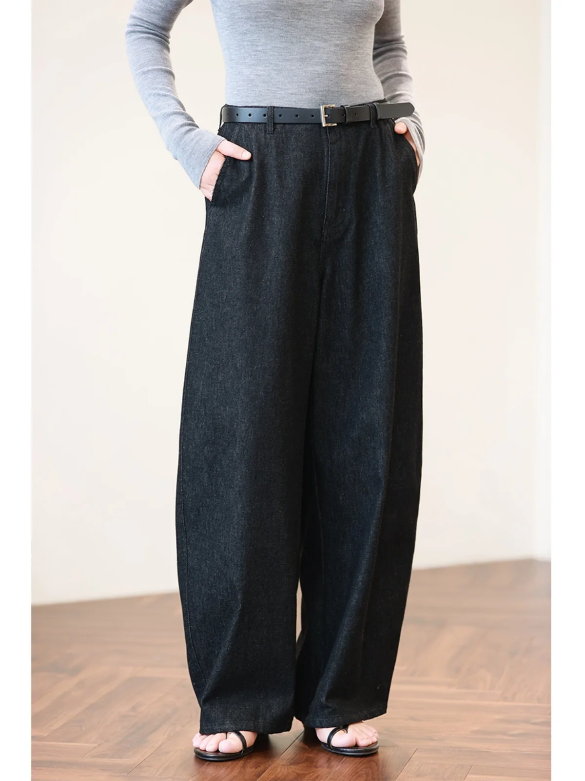 

Джинсы женские с высокой талией и широкими штанинами, осенняя новинка, моделирующие фигуру, с эффектом утягивания, джинсовые брюки-бананы, длинные