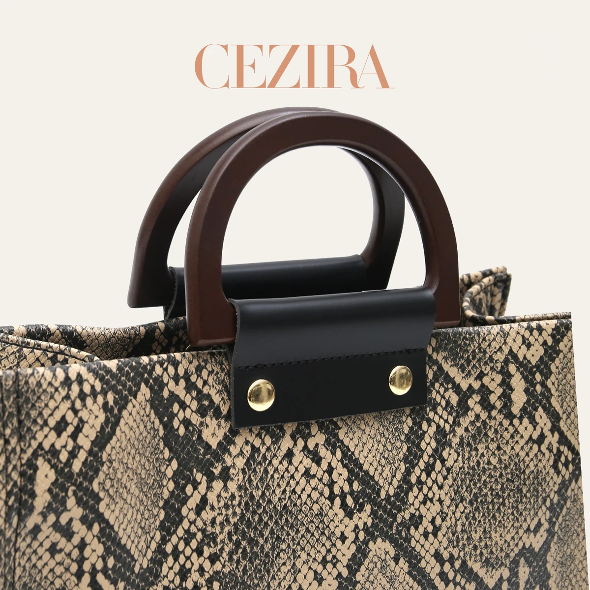 CEZIRA Women Luxury Snakeskin Print PU Vegan Leather Tote Bag Wooden Handles Adjustable Strap Crossbody Purse For Commute Travel