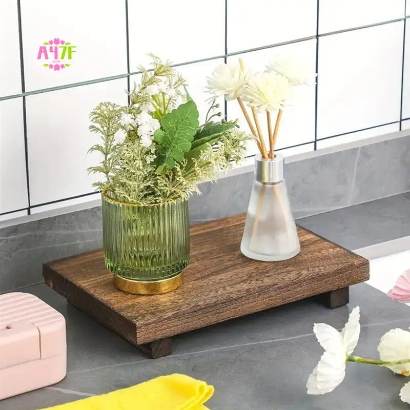 

A47F-Wood Pedestal Soap Stand Bathroom Kitchen Countertop Tray Farmhouse Wood Riser Soap Dish Plants Holder