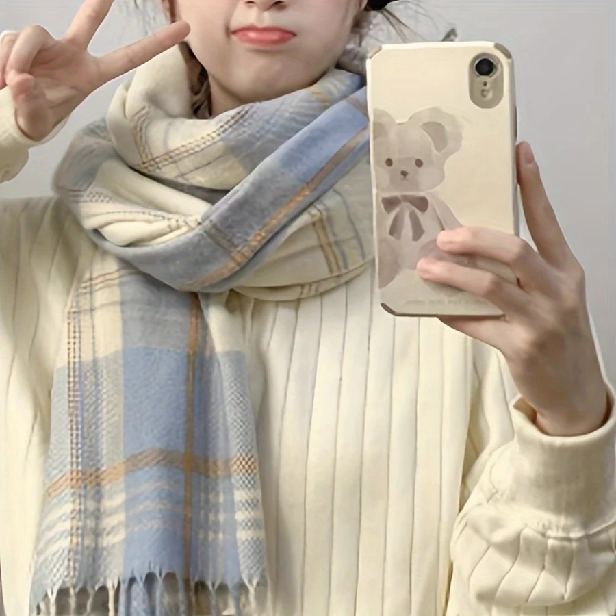 

1 шт. уютный и милый клетчатый шарф с кисточками для женщин — мягкая, эластичная вязаная шаль для осенне-зимнего тепла, ветрозащитная и декоративная