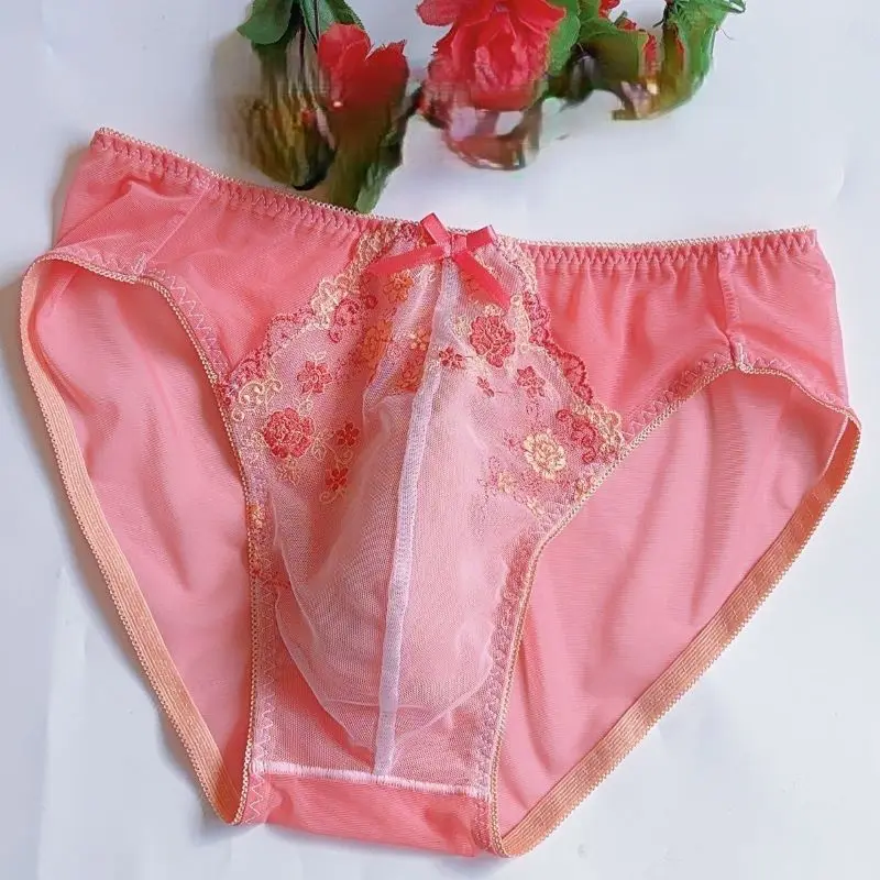 Man's Lace See Through Mesh Embroid Floral Briefs Sissy Low Waist Lightweight Elastic Bow Cute Underwear Convex Pouch Panty