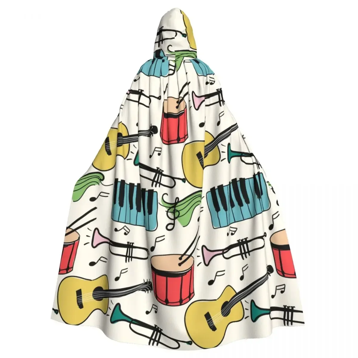 Adult Halloween Music Instruments Piano Guitar Drum Pattern Cape Hooded Medieval Costume Full Length Dress Coat