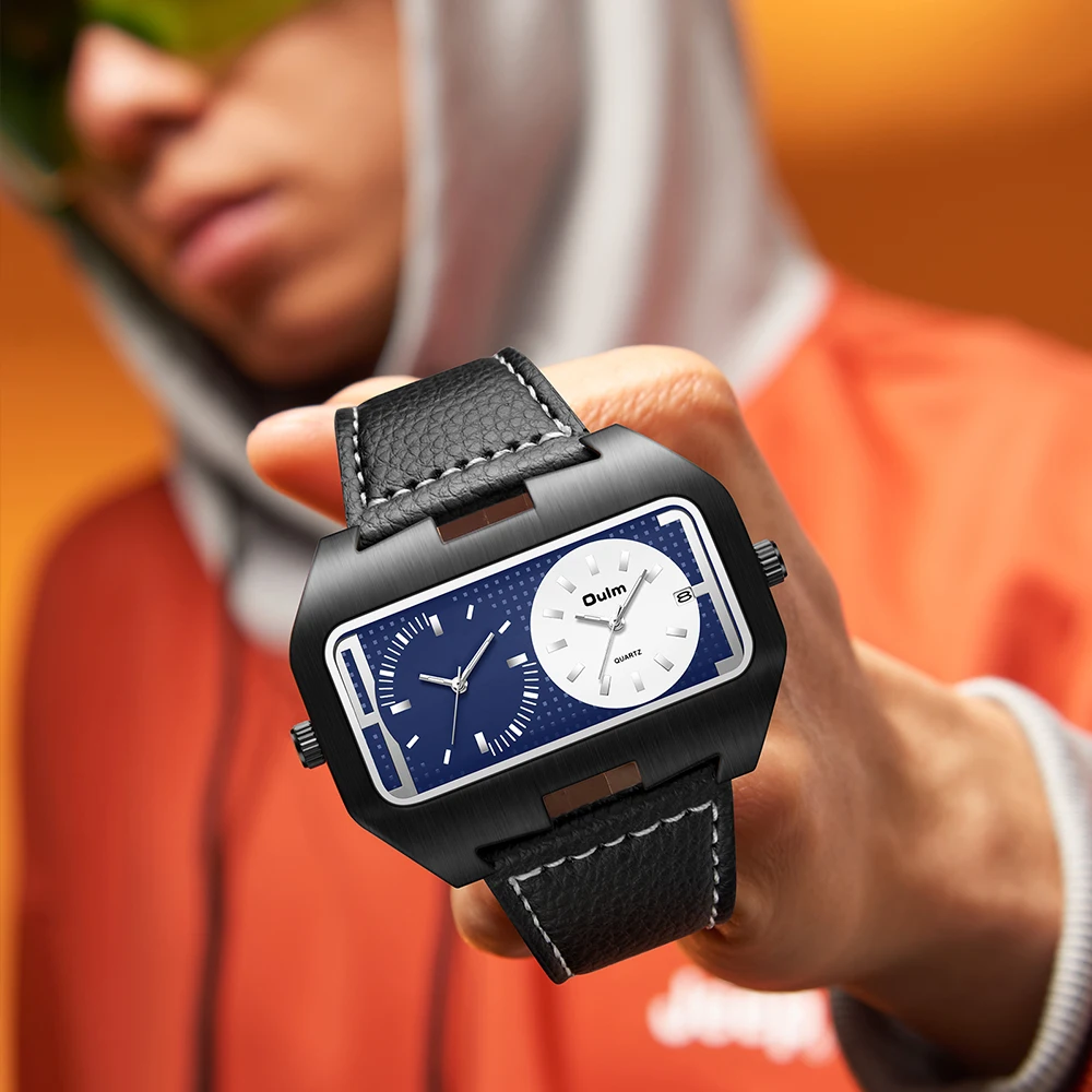 Oulm موضة جديدة تريند كول ساعة رجالي ضوء الليل التقويم وظيفة المنطقة الزمنية المزدوجة مستطيلة كبيرة الطلب ساعة كوارتز reloj