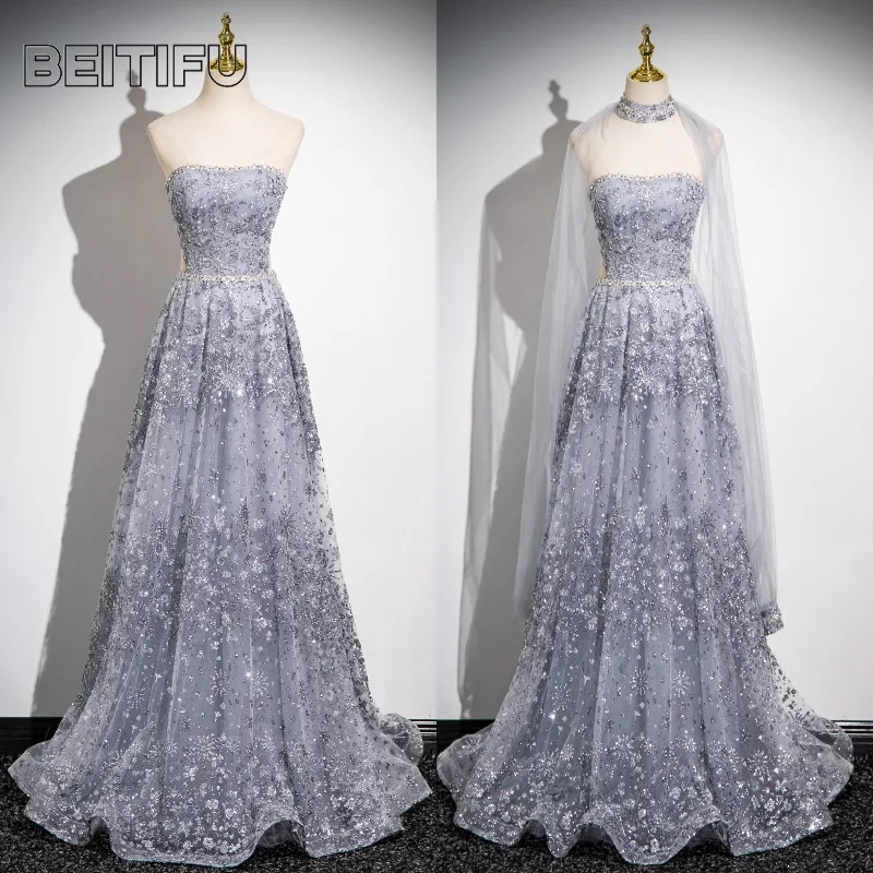 Women's Evening Dress Elegant Off The Shoulder Long-sleeved Heavy Sequins Banquet Ball Gown Dresses for Women Vestido De Fiesta