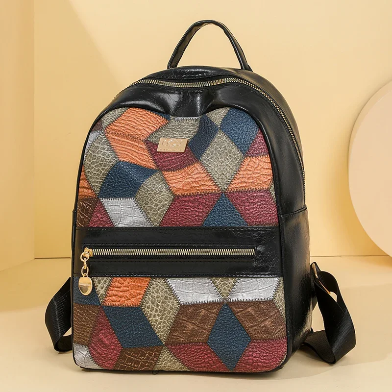 Bolsa escolar de patchwork pequena para meninas, mochila para estudantes universitários, tendência feminina, moda, 2024