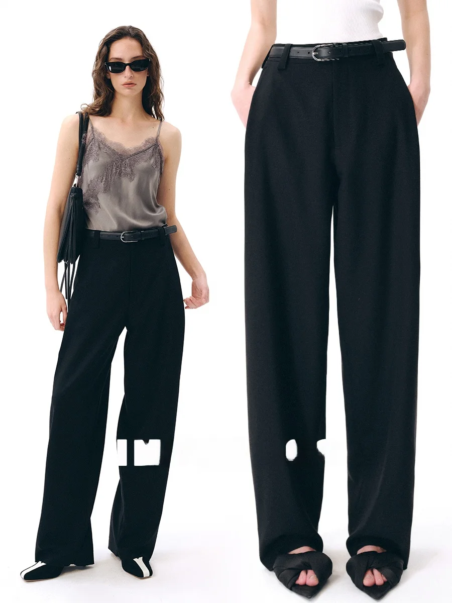 

Yasako British Style Slimming Woolen Pants Fashionable Pleated Loose Texture Straight Leg Casual Trousers for Women