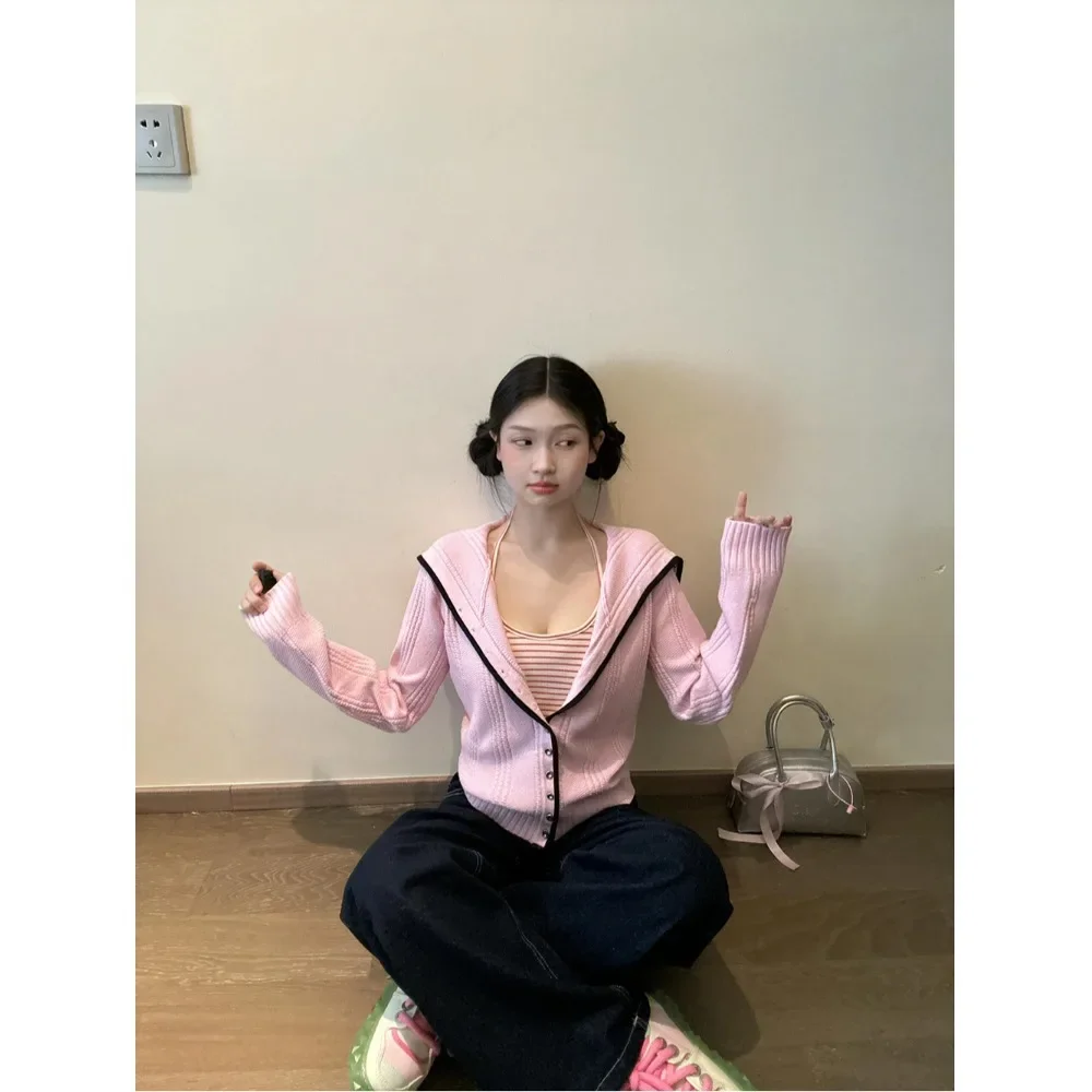 

Women's Slimming Personality Top Polo Collar Pullover from Mainland China Sweet Color Block Navy Collar Knitted Sweater Coat