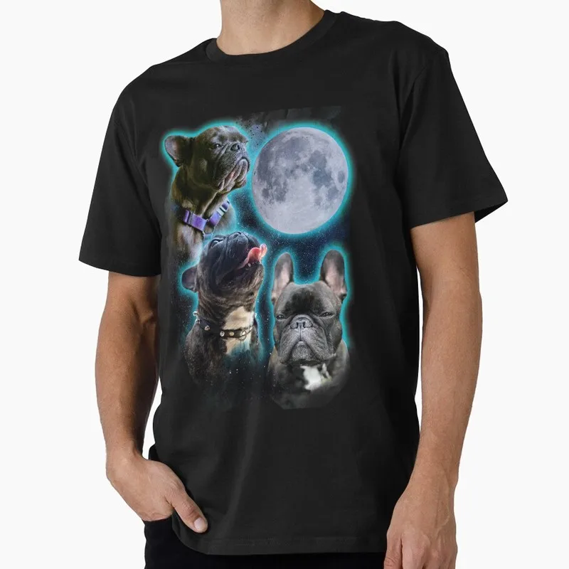 Three Frenchies moon Bulldog Graphic T-shirt for Dog Dad Unisex 100% Cotton Short Sleeve Print Tee Pet owner Gift Tops S-6XL