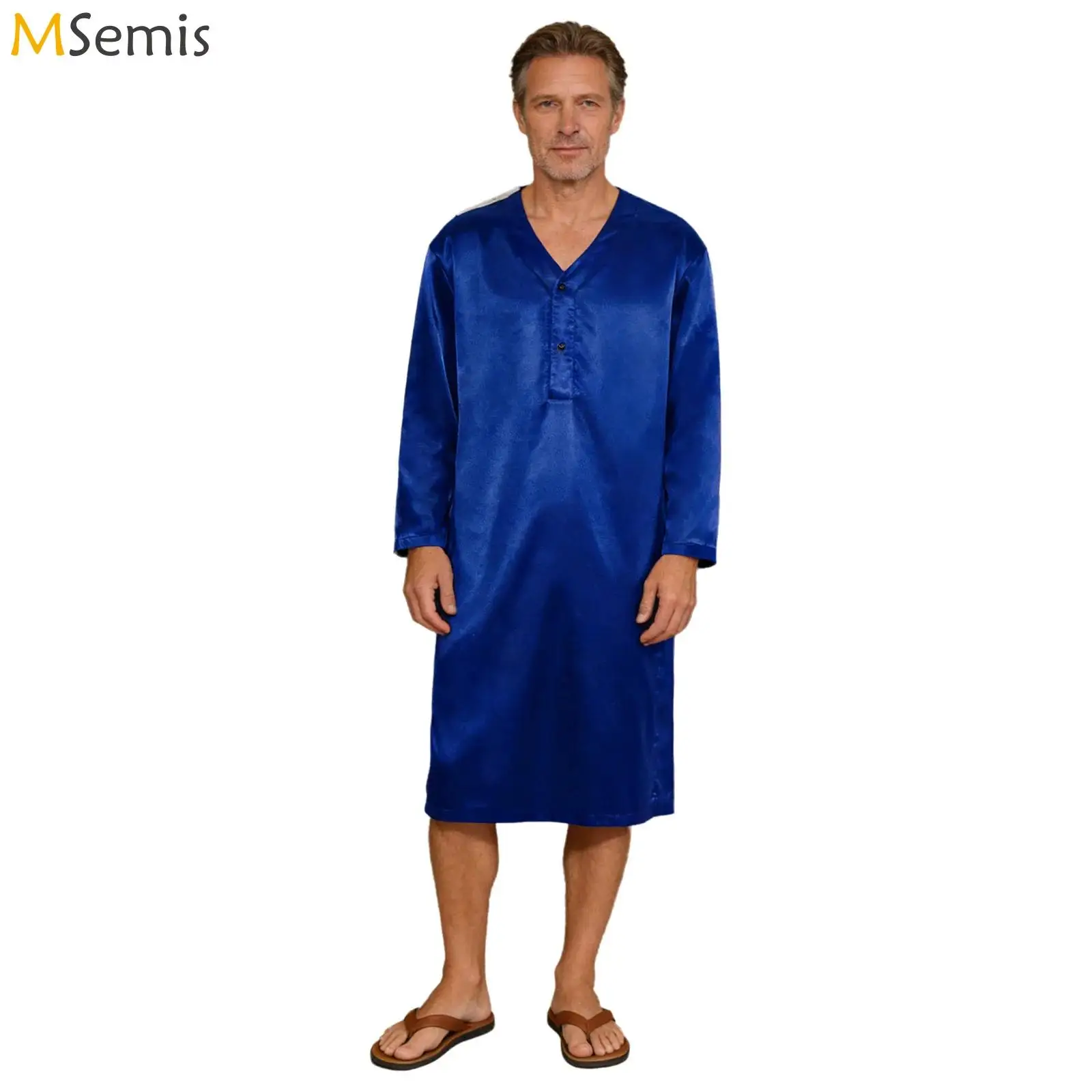 

Mens Elderly Adaptive Pajamas Sleeping Robe Open Back Full Back Overlap V Neck Long Sleeve Satiny Bathrobe Pyjama Nightshirts
