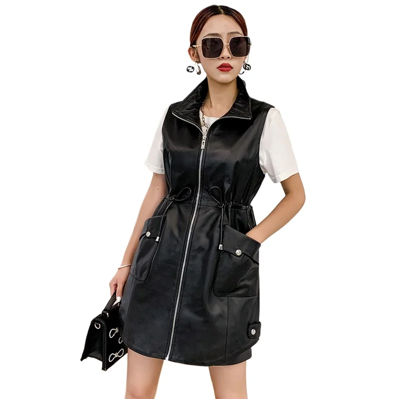 100% couche supérieure en peau de mouton gilet femme noir en cuir véritable veste sans manches nouveau dans gilet automne vêtements 2025 femmes veste femme