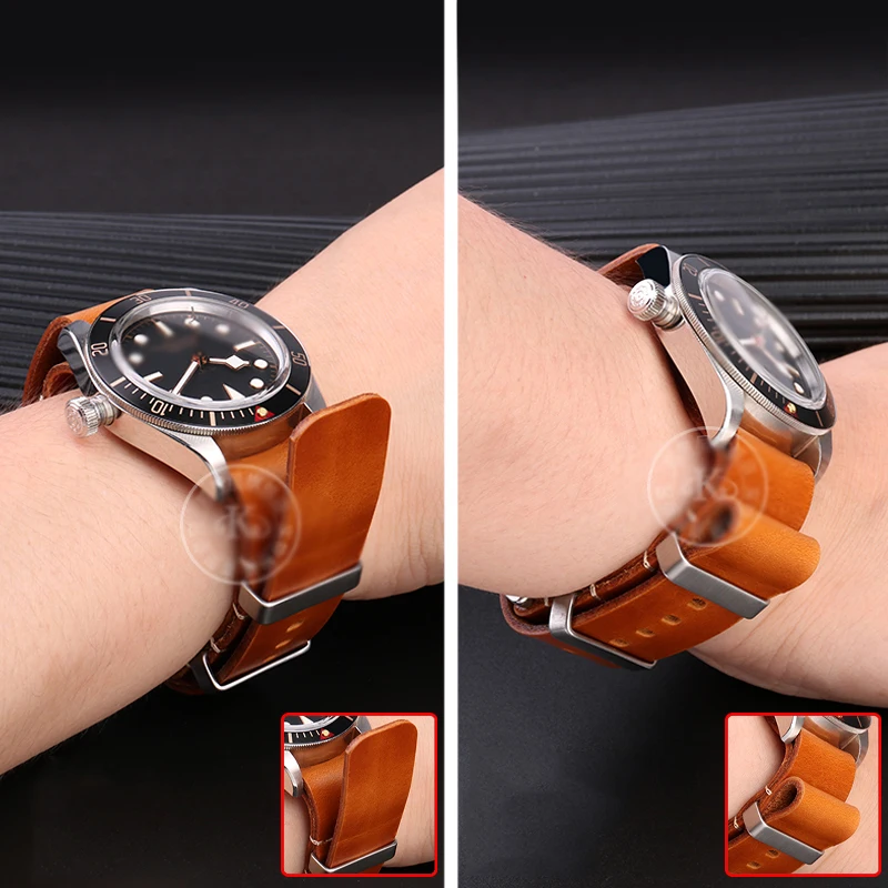 حزام ساعة رجالي من جلد البقر الأصلي بحلقات فولاذية ، حزام ساعة سيغال أوميجا ، شمع زيت شبحي مائي ، 18 ، 20 ، 22 ، 24