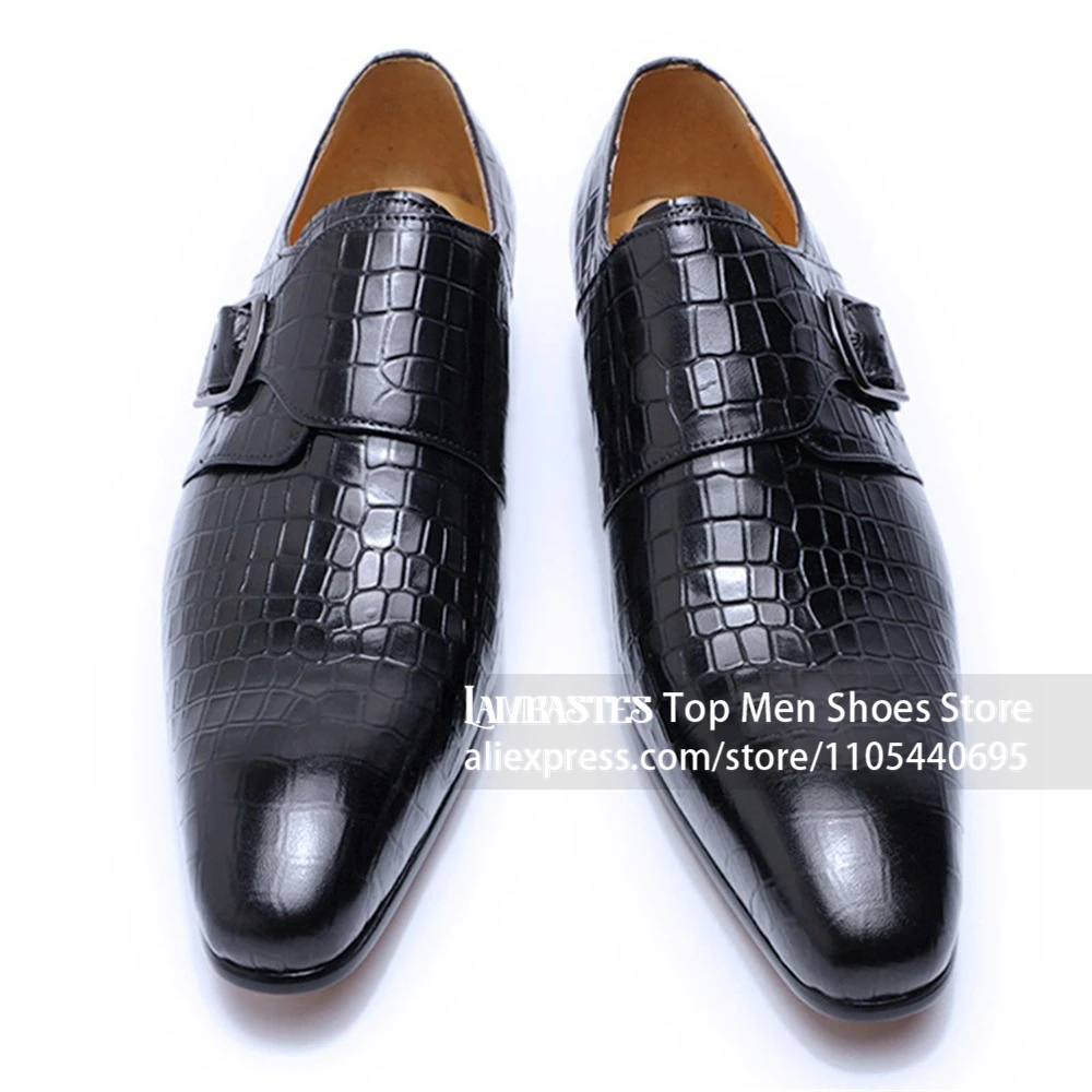 

Crocodile Alligator Embossed Leather Dress Shoes Navy Blue High-Shine Polished Upper Business Shoes Luxury Slip on Office Shoes