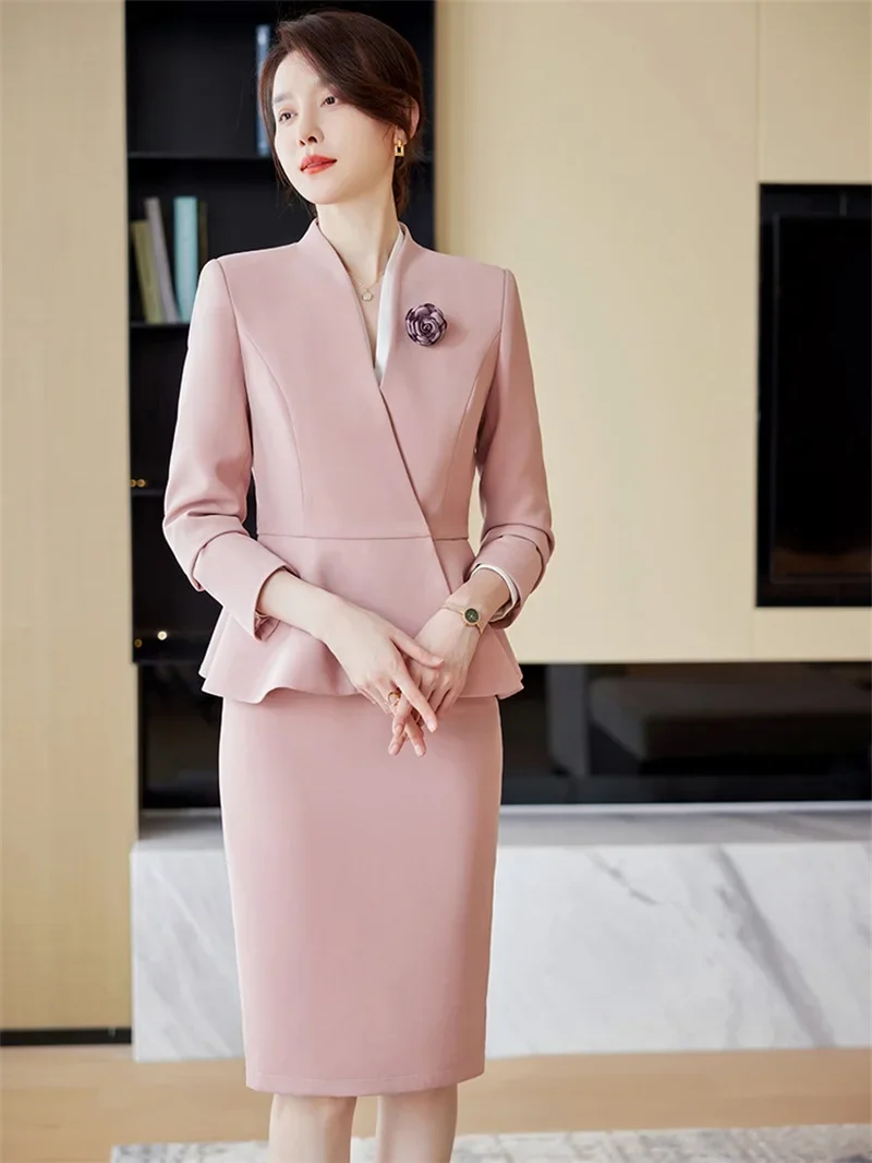 Office Lady Women Suit Skirt Set Blazer 2 Piece Jacket+Prom Dress Female Spring Business Work Wear Elegant Formal Coat Midi Gown