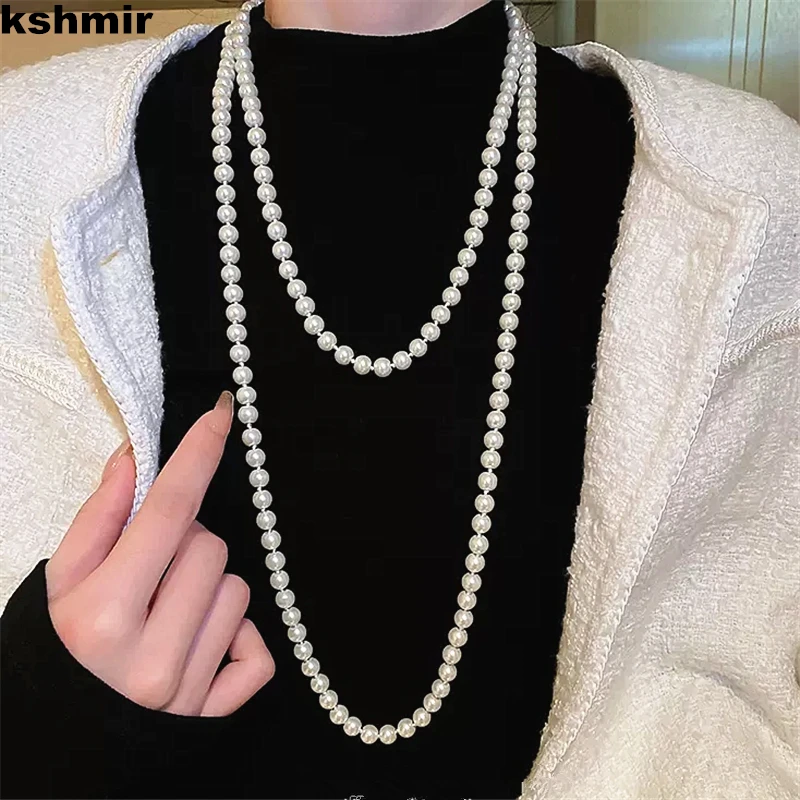 Long pearl necklace women design collarbone chain light luxury autumn and winter French temperament sweater chain accessories