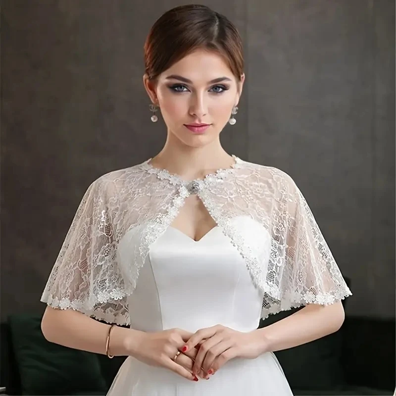 1Pcs Bride\'s Wedding Romantic Lace Shawl Elegant Rhinestone Button Shoulder Cape Thin Breathable Sunscreen Short Shawl For Women