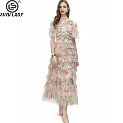 Women's Runway Dresses O Neck Short Sleeves Tiered Ruffles Printed Elegant Designer Party Prom Vestidos