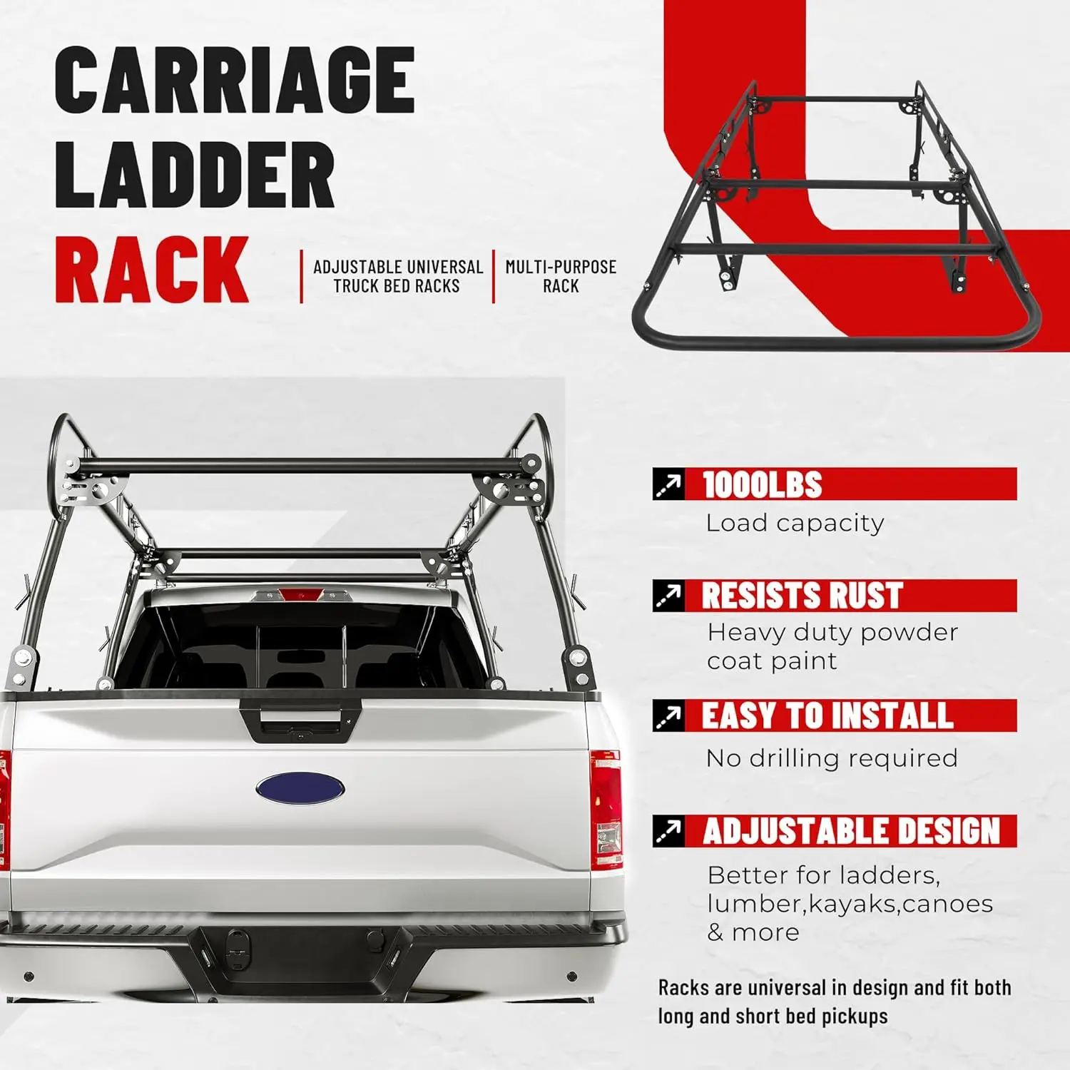 Truck Bed Use, Adjustable, 1000 LBS Capacity, Universal Utility Rack for Kayak, Lumber, Ladder, NO Color Information