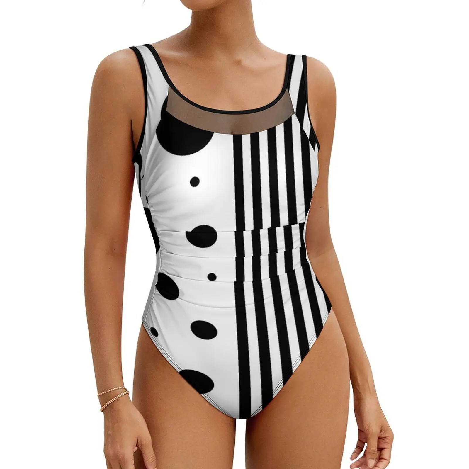 

Striped Polka Dot Swimsuit Black and White Two Tone Push Up Swimwear One Piece Holiday Surf Monokini Swimsuits Sexy Beach Wear