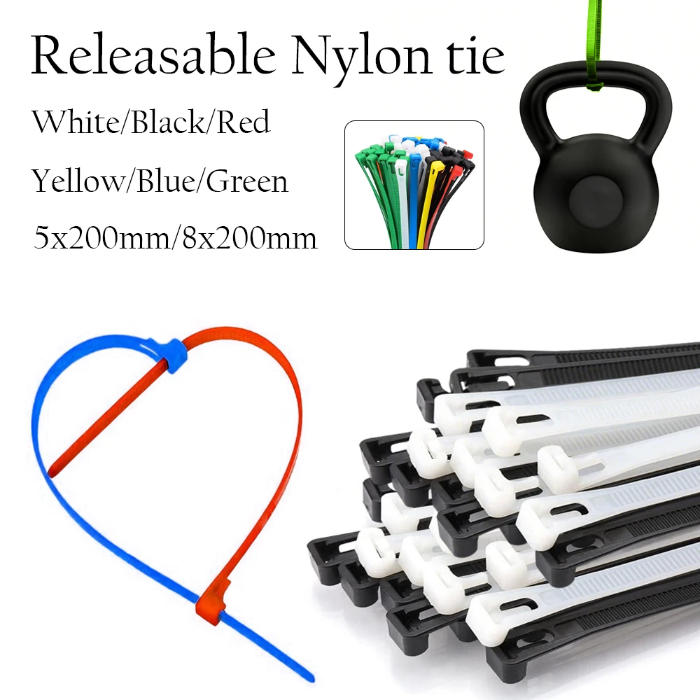 

25-100pcs Plastic Reusable Cable Zip Ties 8x200 Releasable Nylon Adjust Loose Slipknot Recycle Detachable Bundle 5x200mm 8x200mm