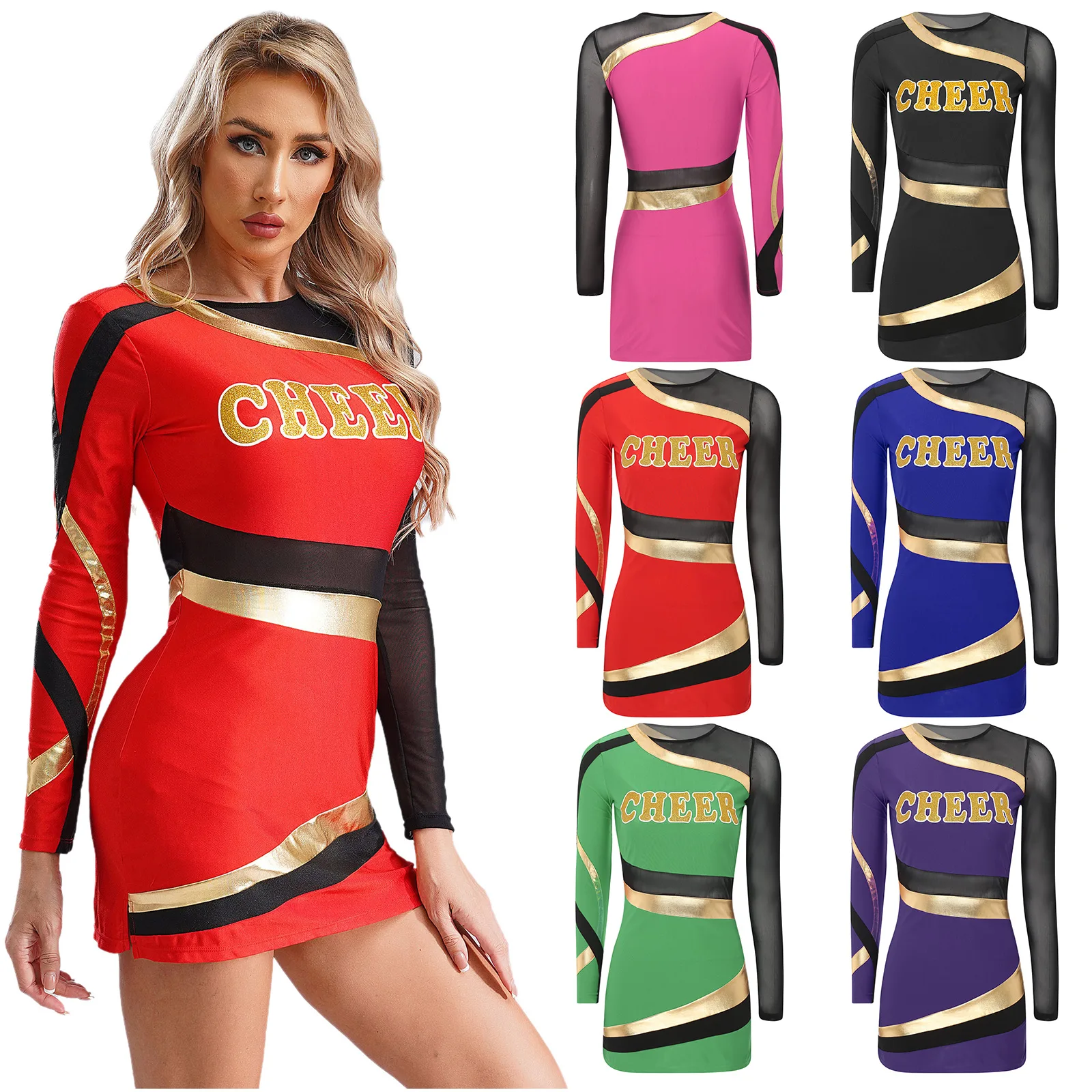 Womens Printing Cheerleading Uniform Musical Dress Long Sleeve Sexy Mesh Metallic Patchwork Bodycon Dress for Halloween