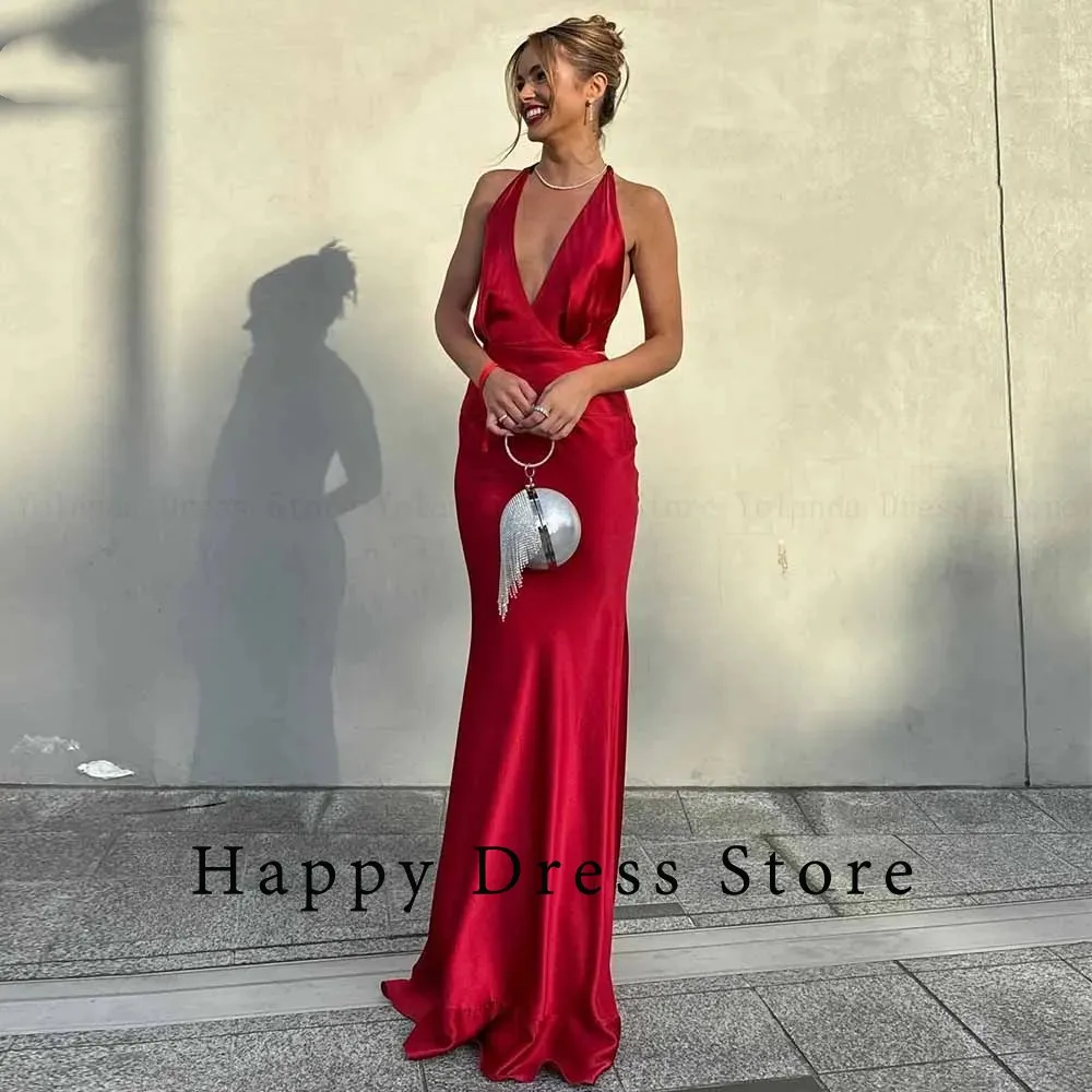 Red Simple Modern Mermaid Prom Dresses para mulheres, Halter Deep V Neck, Backless, Custom Made, Evening Party, Vestidos de aniversário, 2022