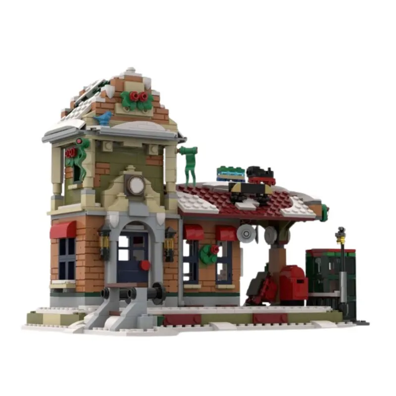 

In-stock new product: MOC 1222-piece creative winter holiday-themed train station building block set, a small-particle assembly