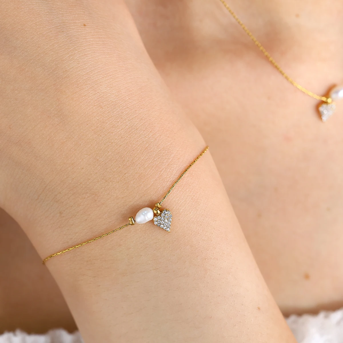 WILD & FREE Elegant Crystal Heart Charm Necklace Bracelet 18K Gold Plated Stainless Steel Trendy Jewelry Set Waterproof