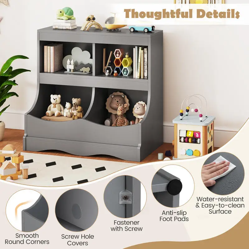 

Toy Storage Organizer 4-Cubby Bookcase for Toys and Books-Gray