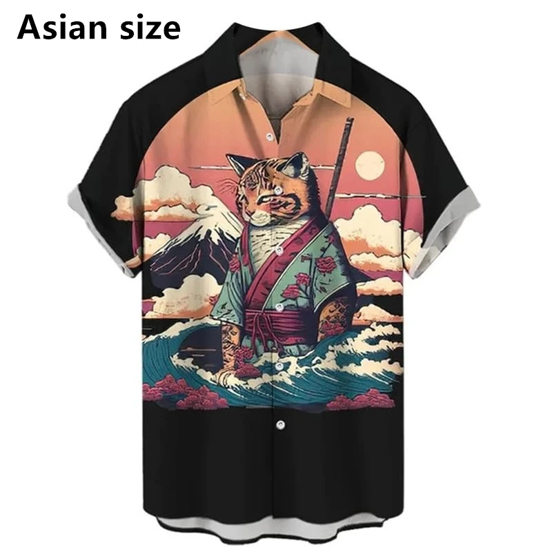 Camicia da uomo con motivo gatto in stile giapponese Cartoon Anime Cat Manica corta Camicie abbottonate Camicia hawaiana da spiaggia per feste Top alla moda