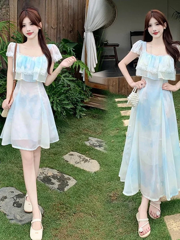 

plus Size Romantic Layered Lace Sleeveless Dress Women's French Style A-Line Skirt Breathable Skin-Friendly Summer Dress
