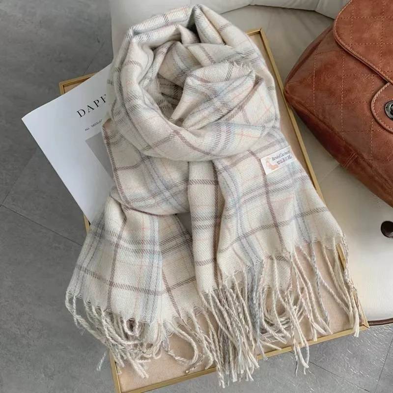 

2025 Winter Scarf Women Plaid Shawl Korean Style Light Color Neck Warmer 200x65cm Elegant Gift Versatile Fashion Accessory