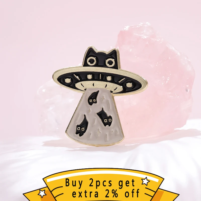 Magic Wizard Cat Enamel Pins Cartoon Book Black Kitten UFO Brooches Lapel Badge Gothic Punk Jewelry Gift For Backpack Clothes