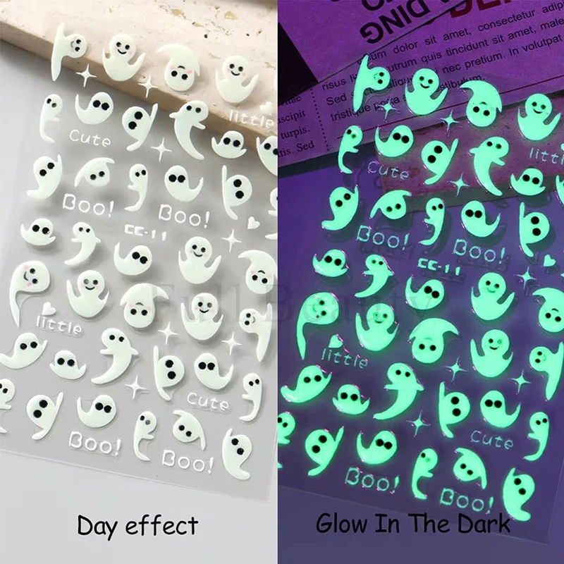 مضيئة تنقش شبح مضيئة مسمار الفن ملصقات هالوين الكرتون العنكبوت الجمجمة مسمار الشارات العنكبوت ويب المنزلق للتقليم DIY بها بنفسك