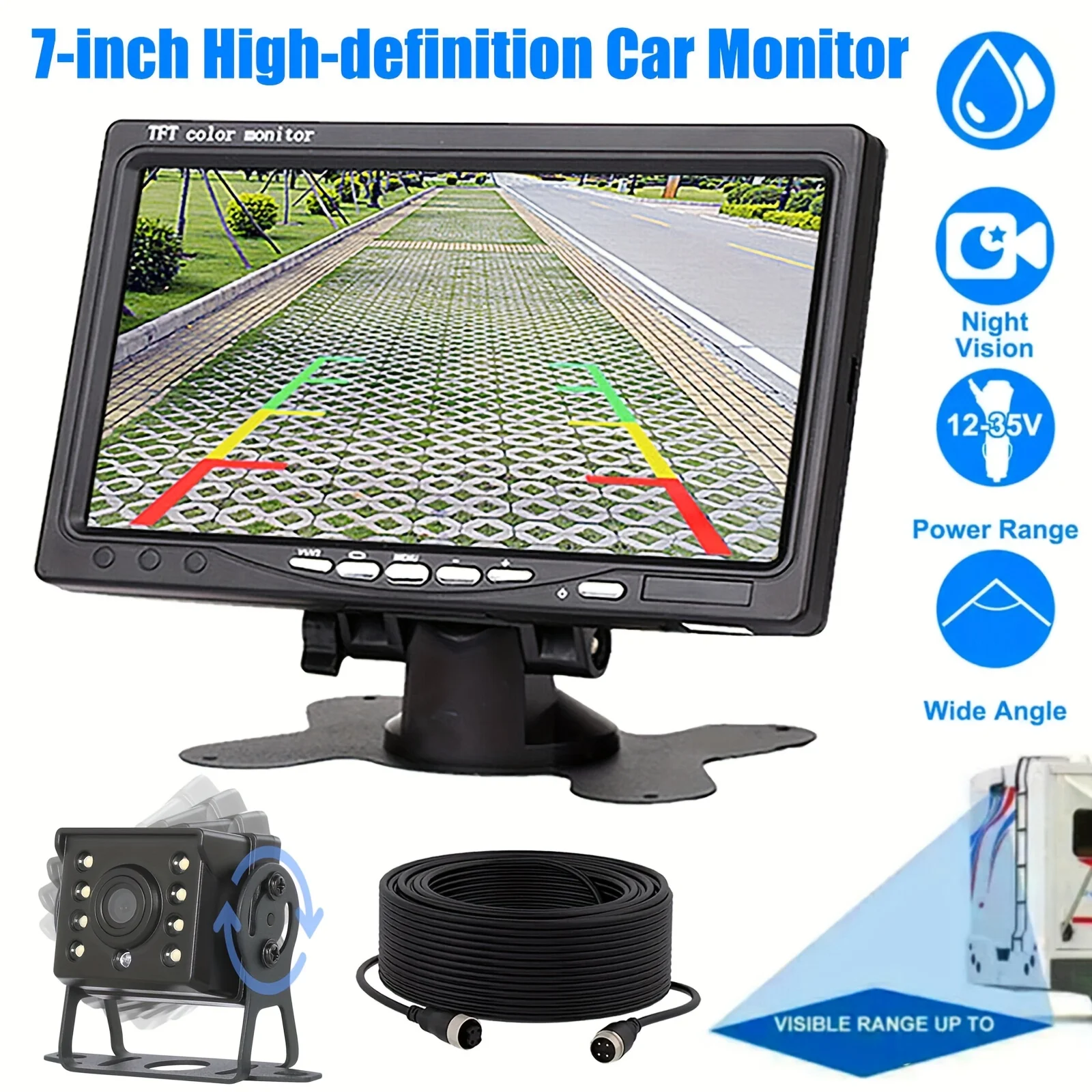 

7inch HD Monitor with Night Vision Backup Camera Kit Heavy Duty Easy Installation 12V/24V Compatibility for RVs Trucks Trailers