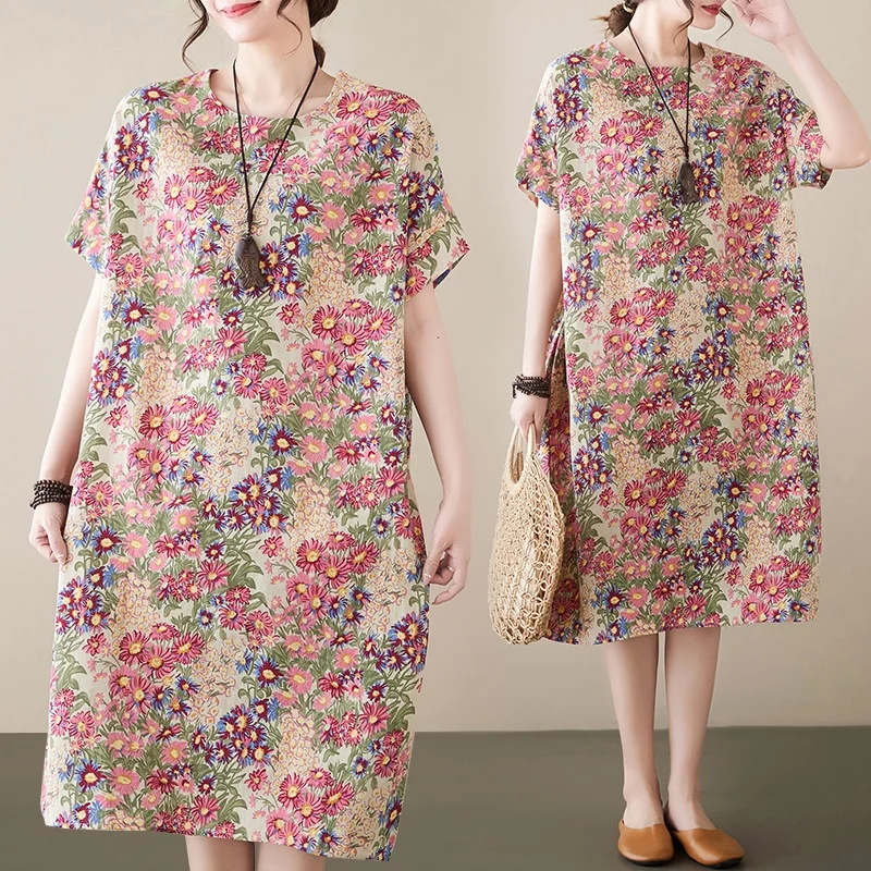 

plus Size Cotton Linen Dress Summer 2024 Loose Slimming Short Sleeve Cover up for plus Size Women Stylish Artistic Fashion