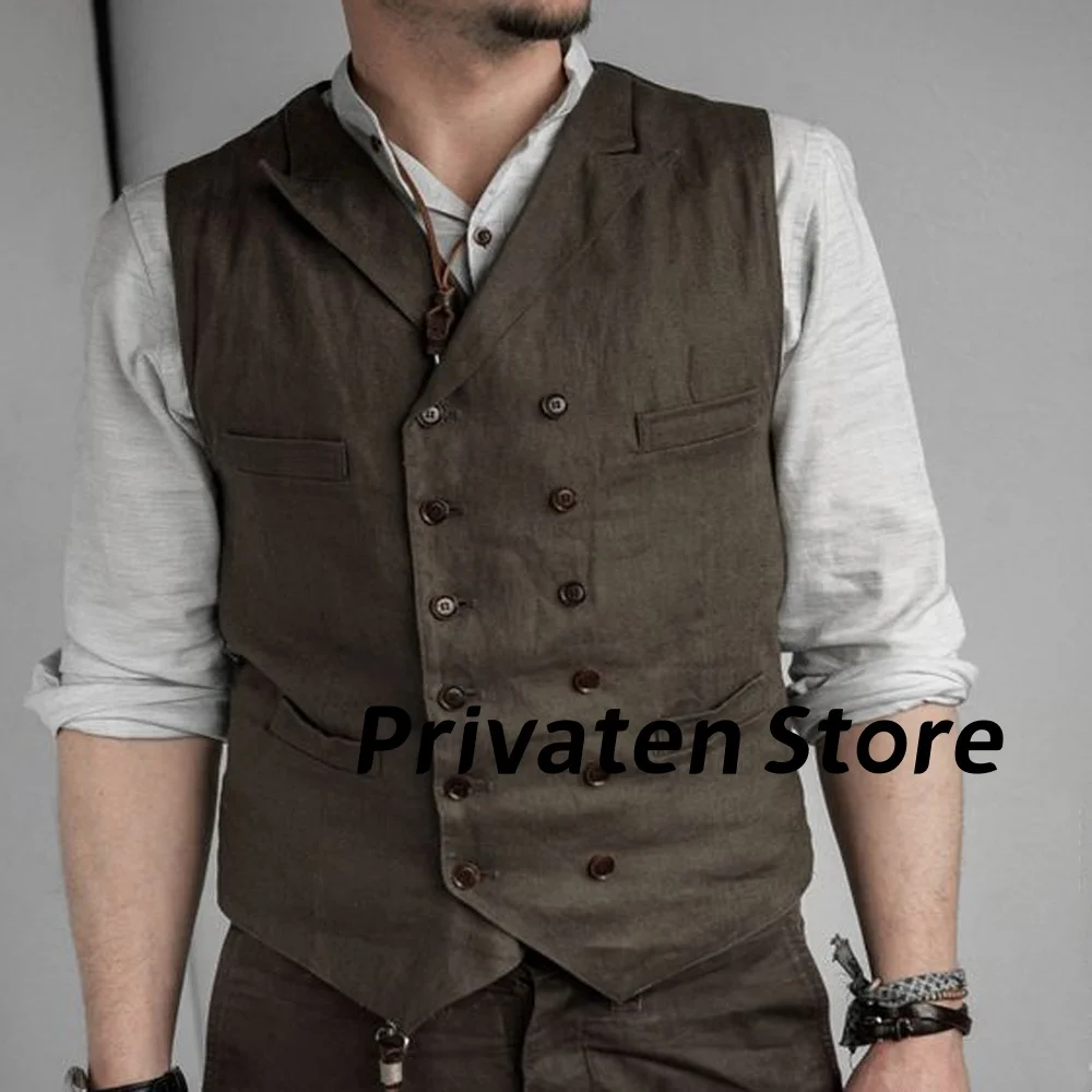 

Men Suit Vest Notched Lape Double-Breasted Linen Waistcoat Prom Dinner High Quality Sleeveless Dark Green Male Vests 여름 조끼