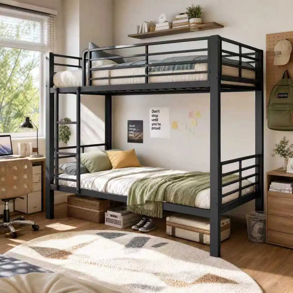 Lit superposé en métal noir 140×200cm, robuste, pour adultes, charge maximale 400kg, lit supérieur et inférieur silencieux, mobilier de couchage robuste, idéal pour appartement partagé, location de vacances, appartement d'hôtes