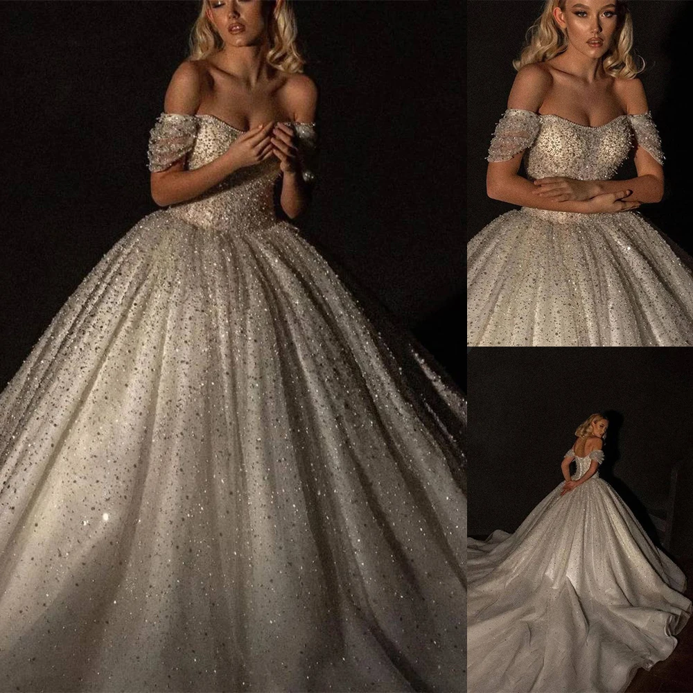 

Graceful Short Sleeves Wedding Dress Pearls Off the Shoulder Bridal Gowns Custom Made Sequined Royal Women Vestido de novia