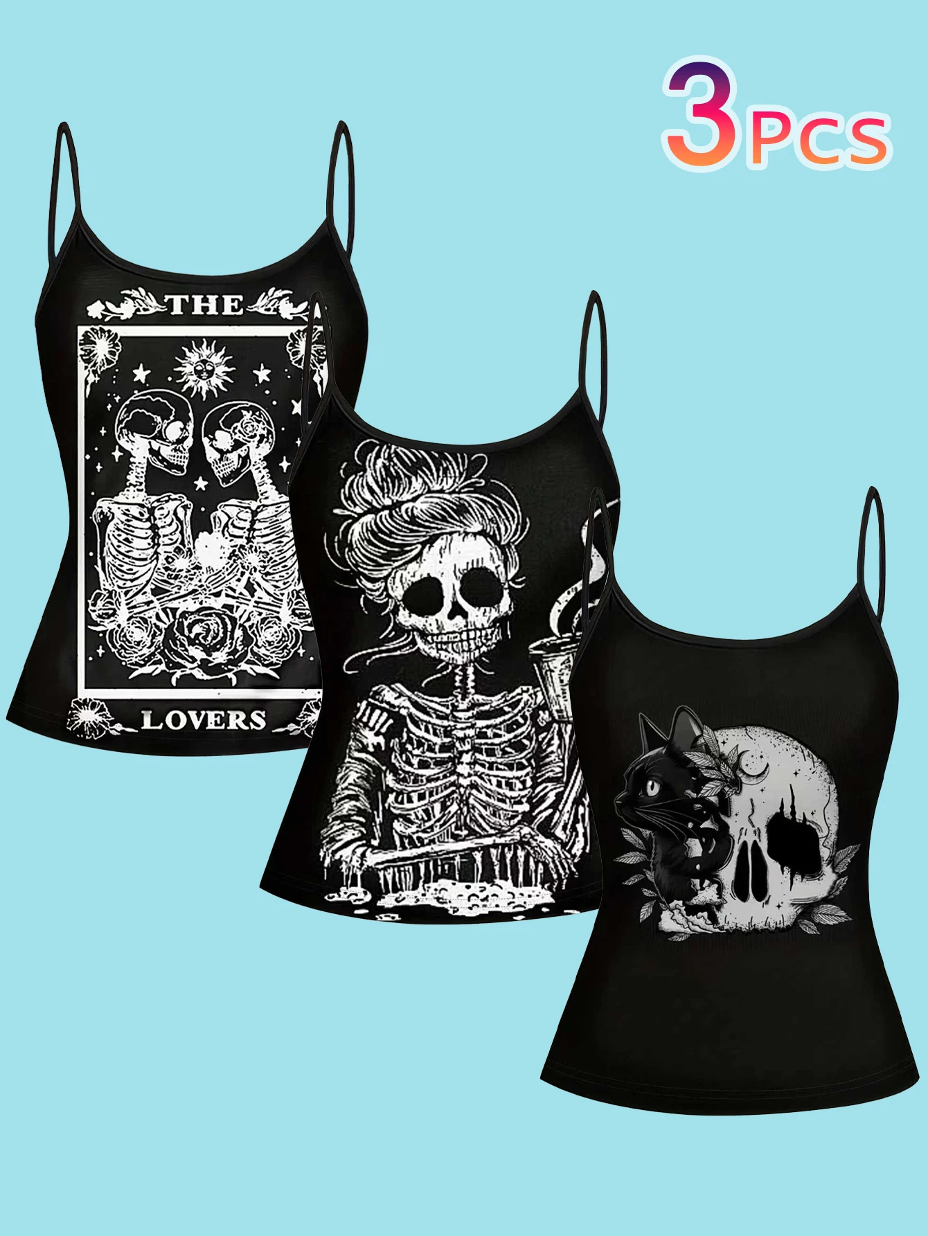 3-Piece Set of Women's Dark Gothic Skull Print Camisoles, Punk Style Tarot Card Black Cat Witch Slim-Fit Spaghetti Strap Sleeveless Base Tops
