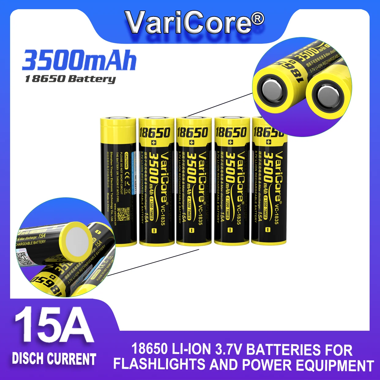 

VariCore VC-1835 18650 3.7V 3500mAh Rechargeable High quality power battery cells for Flashlight Electric tools outdoor lighting
