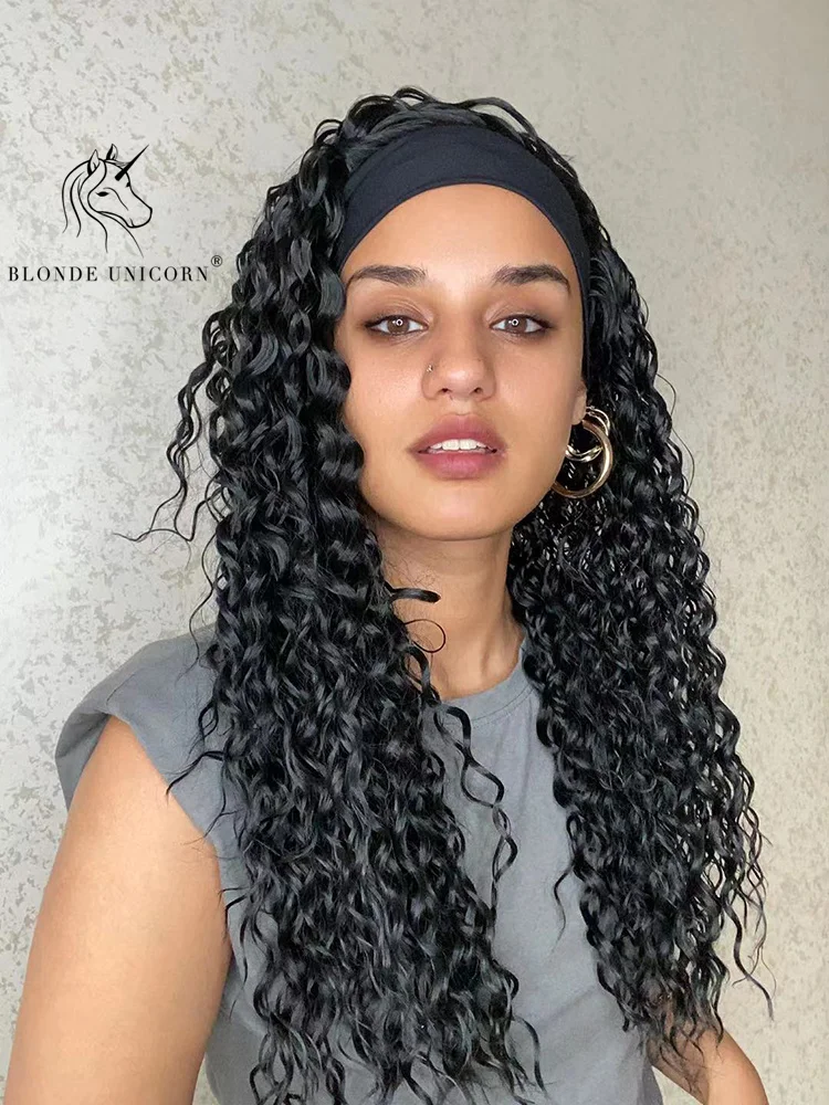 Blonde Unicorn Synthetic Headband Wig Medium Long Curly Black Hair Wigs for Women Heat Resistant Daliy Party Use