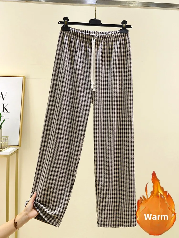 Thiened Fce 여성용 겨울 파자마 바지 끈없는 홈 레저 체크무늬 하이웨이스트 롱 팬츠 플러스 사이즈 홈웨어