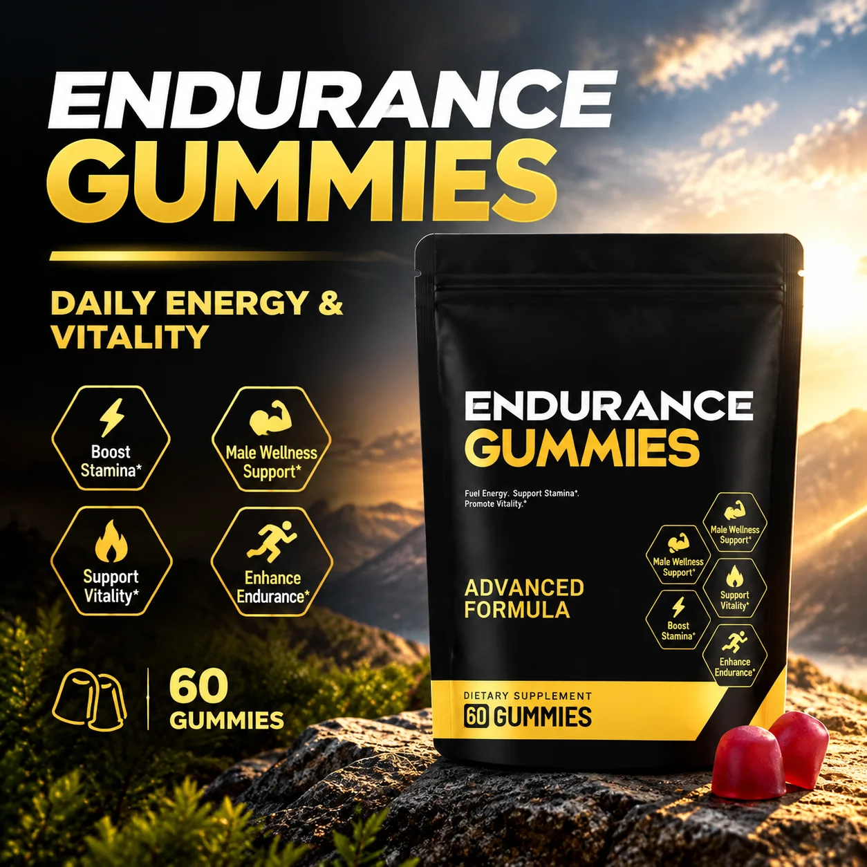Men's Endurance Gummies Supports Fitness Goals Balanced diet Vitality Active Lifestyle Vitamin B6 D3 Zinc Ashwagandha Maca 60pcs