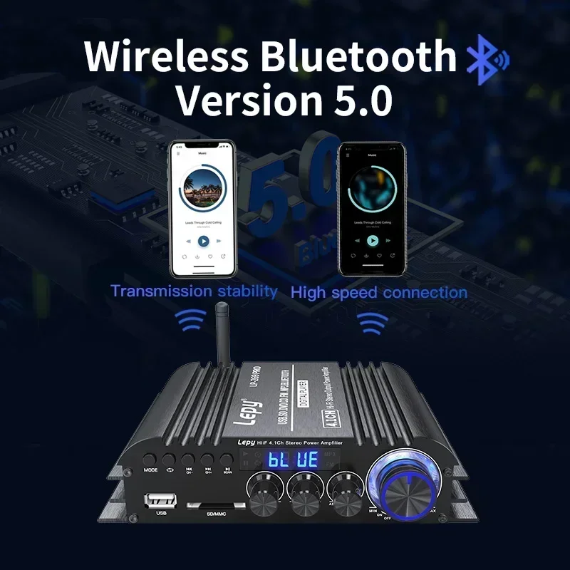 

Coaxial Input Bluetooth 5.0 Power Amplifier High Power 4.1 Channel 58Wx4+Subwoofer Out USB SD FM Function