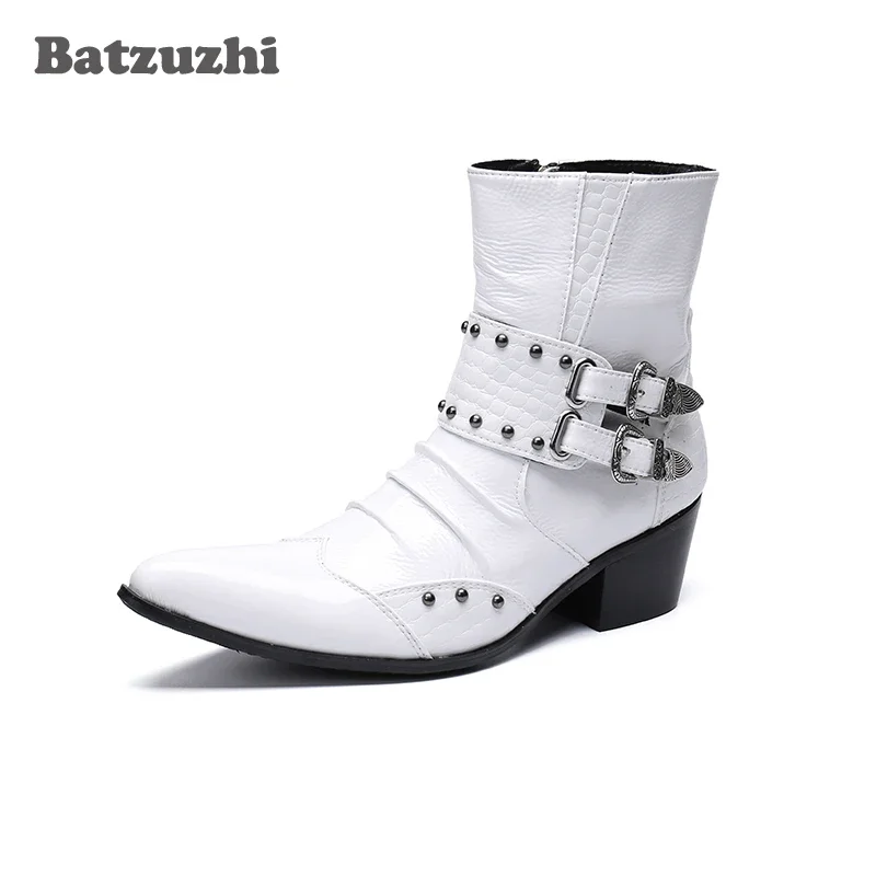 Western Cowboy Men Boots 6.5cm Heels White Genuine Leather Punk Style Iron Pointed Toe Motorcycle High Top Botas Hombre