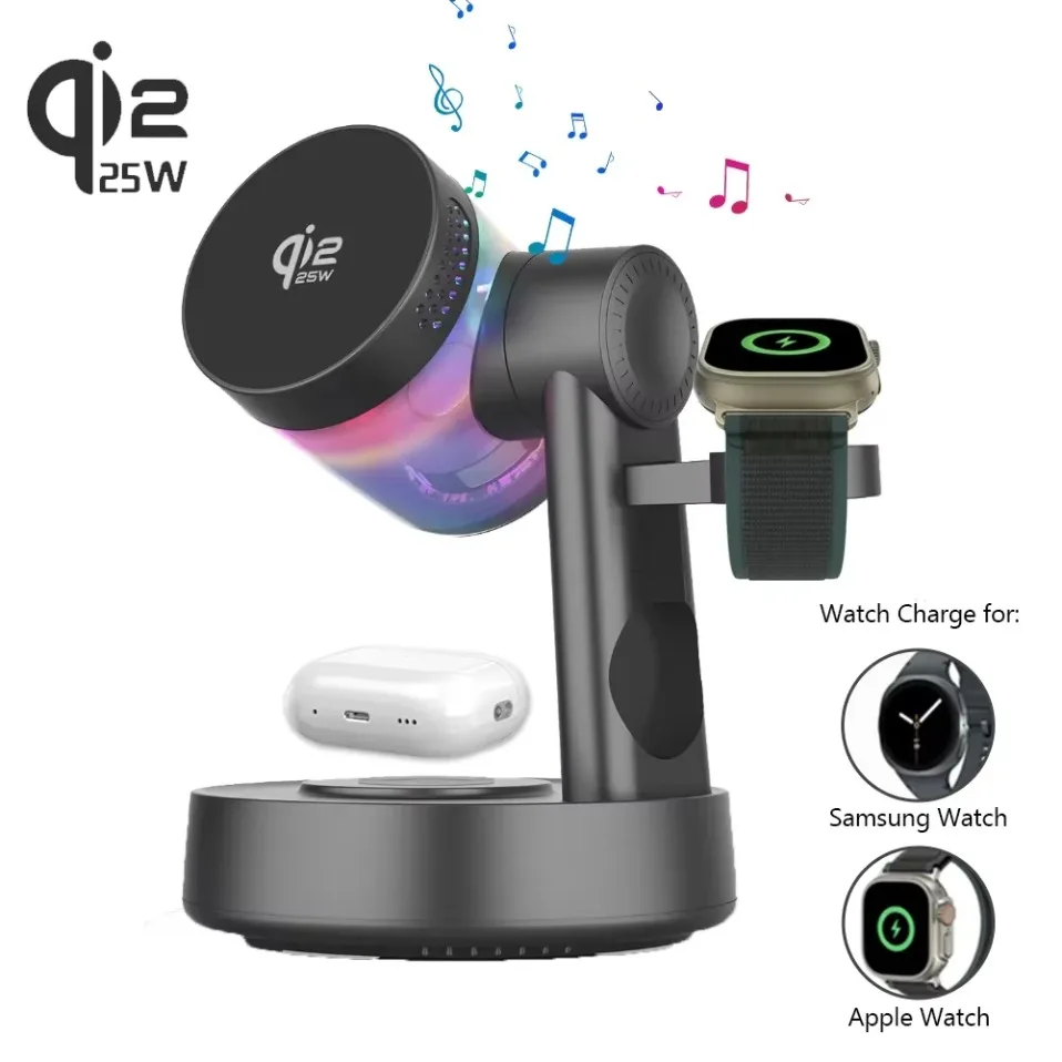 

QI2 25W 5.3 Bluetooth Speaker 25W Magnetic Fast Wireless Charger with Alarm Clock For iPhone 17-12 Pro Max Apple Watch Airpods