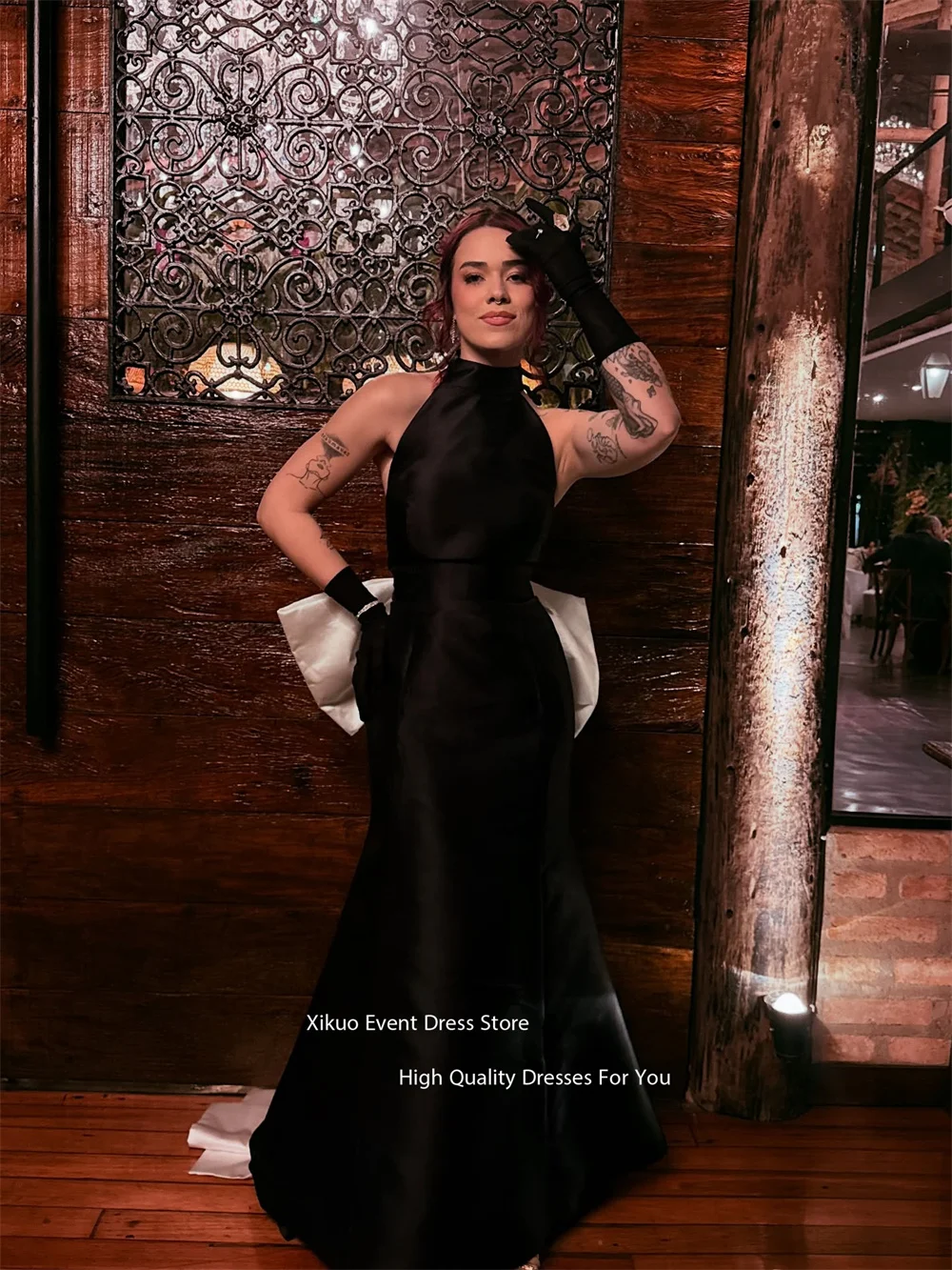 Xikuo vestido de noite sem mangas com gola alta, costas nuas, halter, vestido de festa de casamento, verão, moda, laço traseiro, vestido de baile personalizado